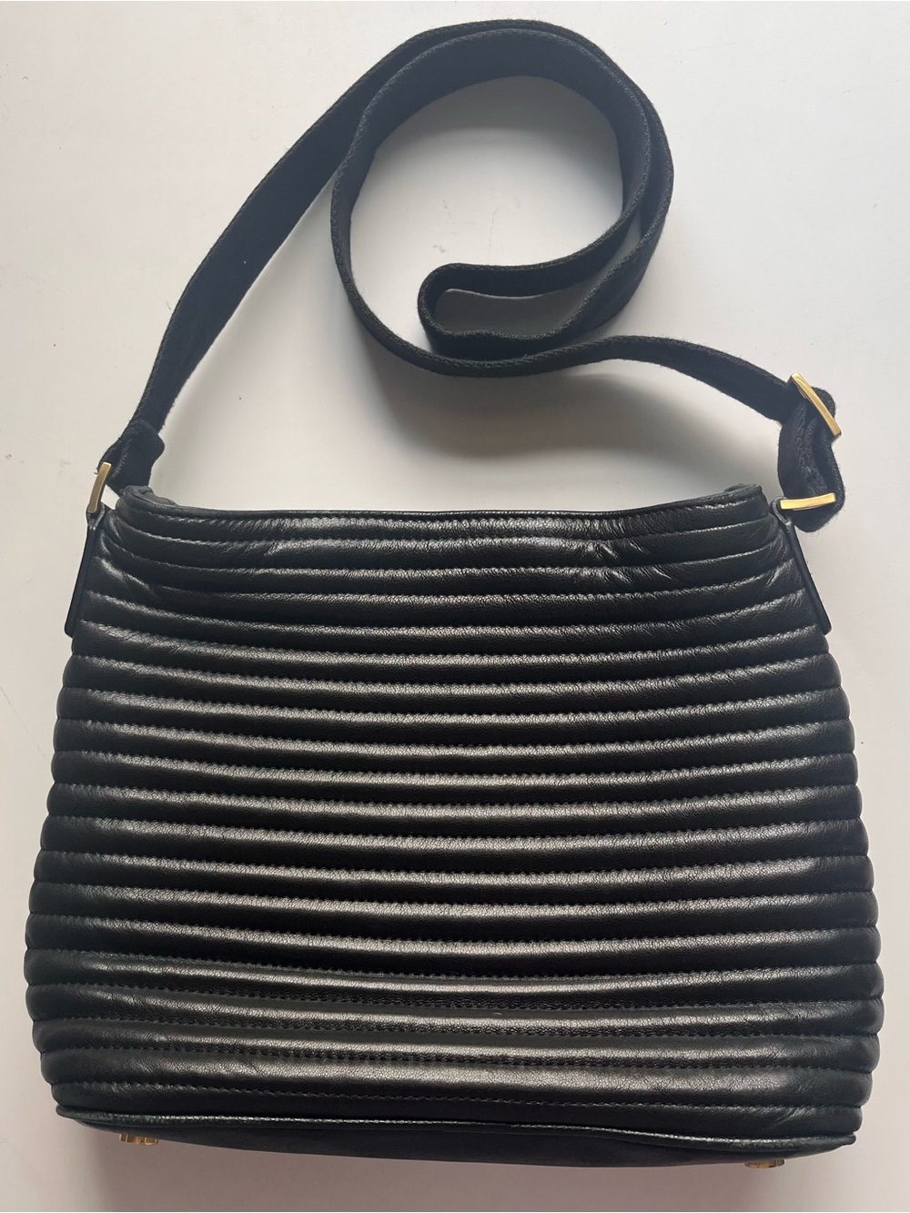 Eric Javits Black Leather Crossbody with Red Lining